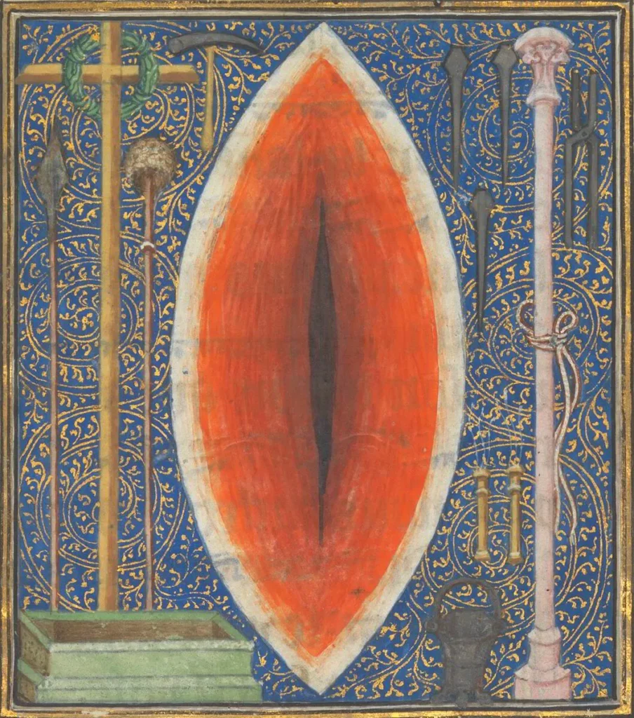 Wond van Christus en 'arma Christi', Getijdenboek van Luxemburg, uit het jaar 1349. 